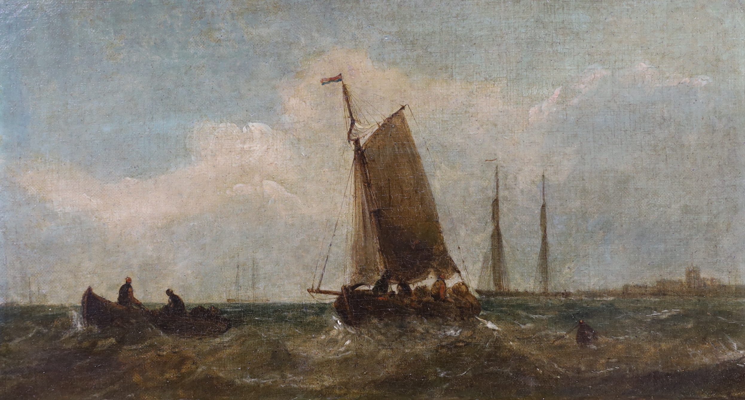 Circle of Georges William Thornley (1857-1935), oil on canvas, Shipping off the coast, indistinctly signed, 20 x 36cm, unframed